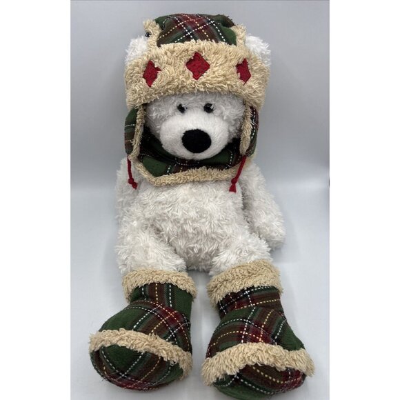 2011 Hugfun Int’l White/Green Teddy Bear Winter Hat Boots Scarf Plaid Holiday - Picture 3 of 16